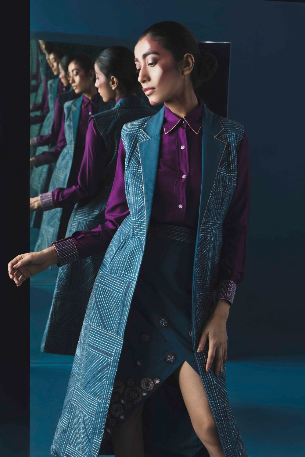 Long Jacket With Stitch Line Details With A Steel Blue Shirt And Overlap Skirt
