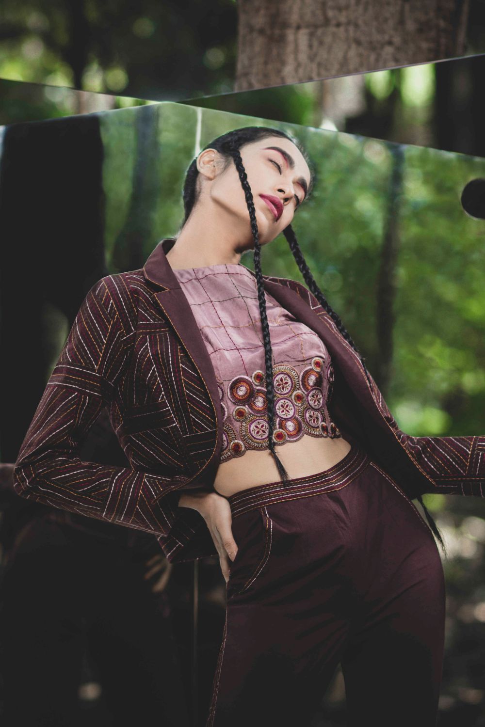 Embroidered Cropped Jacket Set with  Blouse