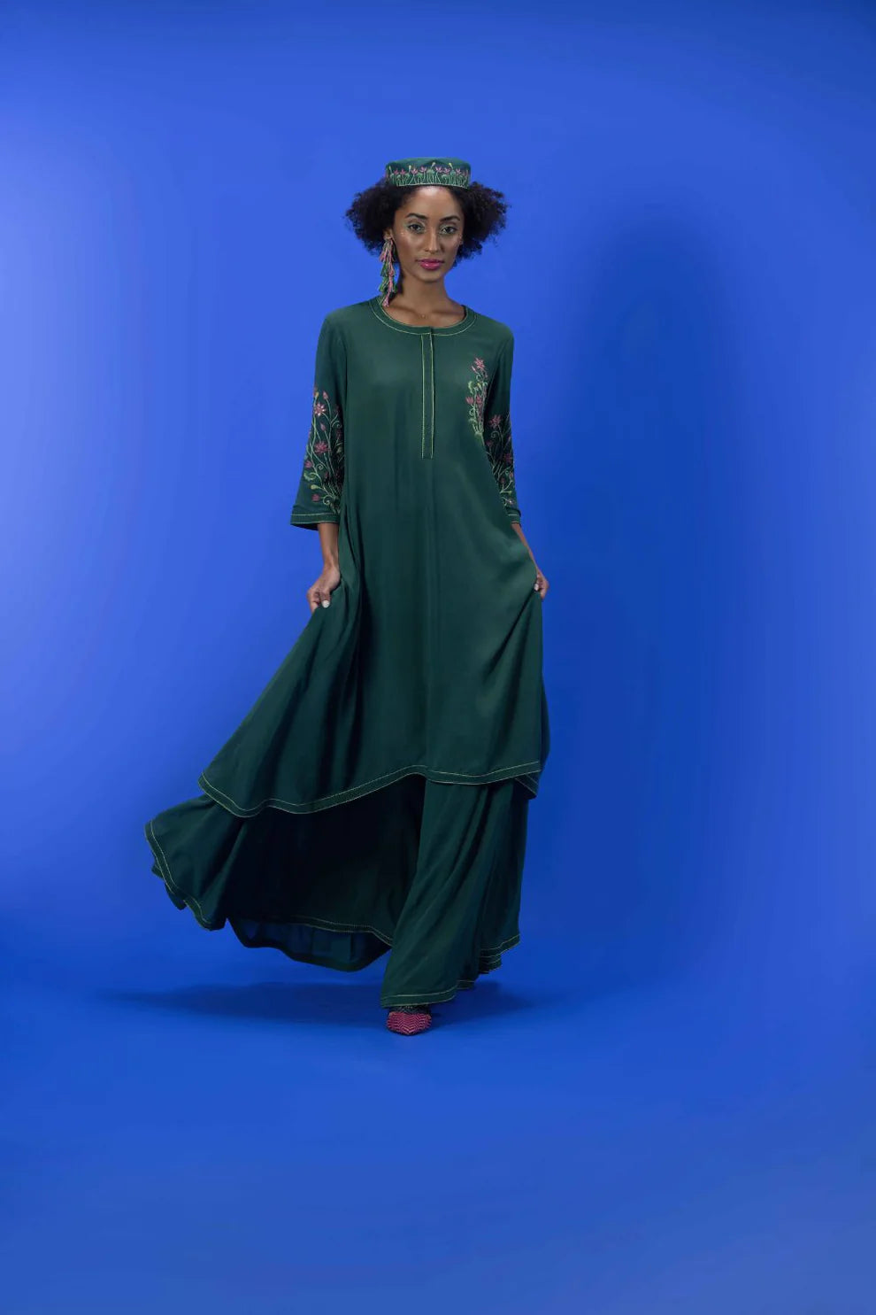 Embroidered Flared Tunic With Palazzos