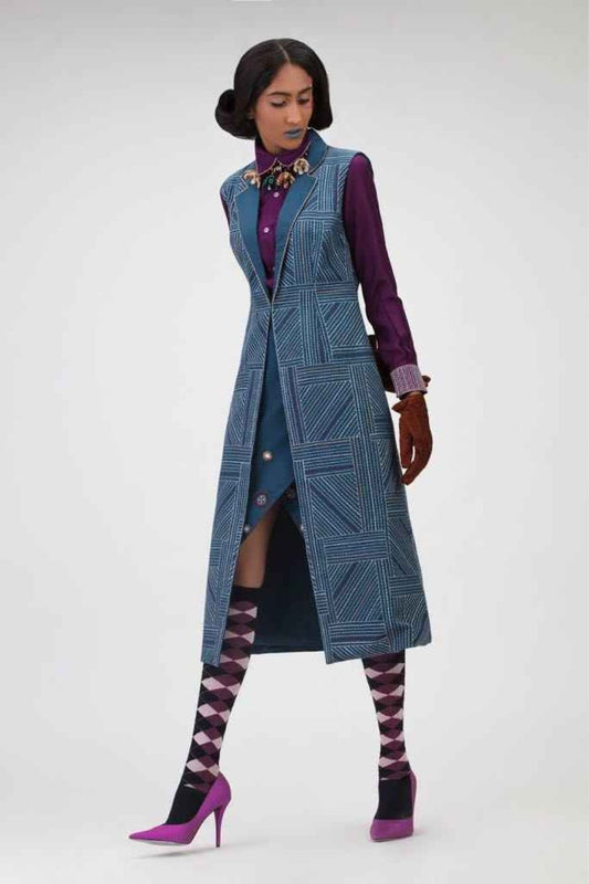 Long Jacket With Stitch Line Details With A  Steel Blue Shirt And Overlap Skirt
